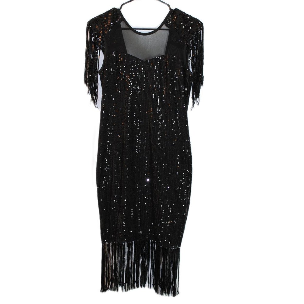 Flapper Dress Black Sequin Tasseled 1920" Style Size M